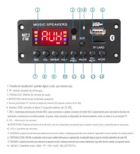 Módulo Amplificador Y Mp3 Bluetooth 2×25w Diy Fm Usb Tf Aux Negro 25 W — imagen 5 de 5