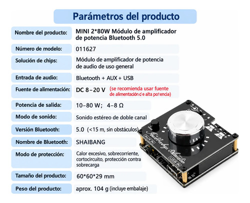 Módulo Amplificador Bluetooth 5.0 2x80w Estéreo Aux Usb Negro 80 W — imagen 3 de 4