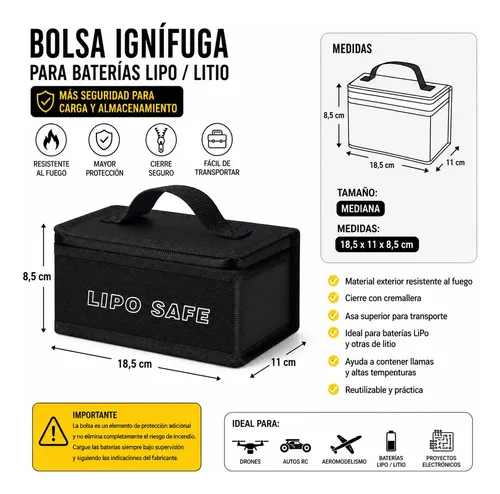 Bolsa Ignífuga Para Baterías Lipo Anti Fuego 18,5x11x8,5cm Gris — imagen 2 de 6