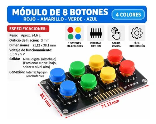 Módulo 8 Botones Pulsadores 4 Gamer Control Arduino Esp32 — imagen 2 de 6
