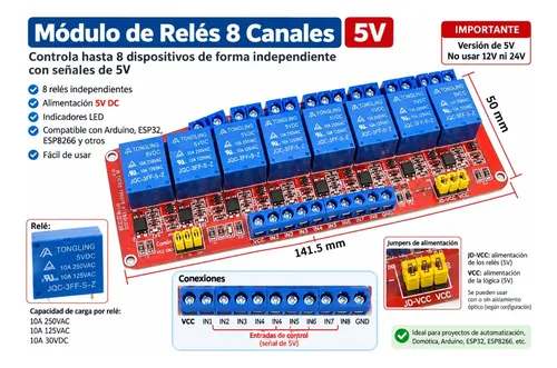 Modulo Rele 8 Canales 5v Optoacoplado Arduino Esp32 10a — imagen 2 de 4