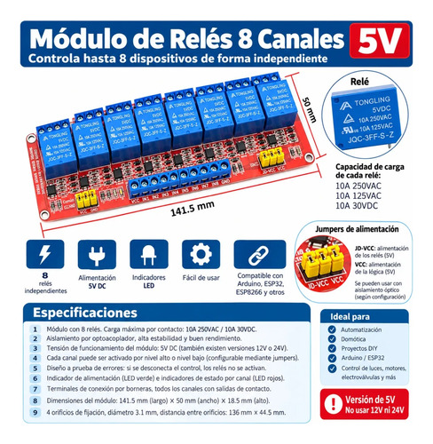 Modulo Rele 8 Canales 5v Optoacoplado Arduino Esp32 10a — imagen 3 de 4