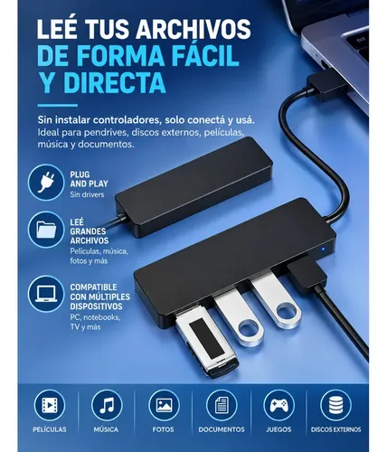 Hub Usb 3.0 De Alta Velocidad 4 Puertos Externos Perifericos Negro — imagen 3 de 8