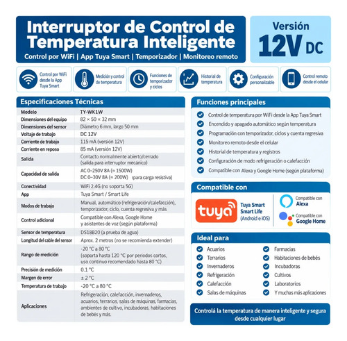 Termostato Wifi 12v Control Temperatura Tuya Smart Sensor — imagen 4 de 7