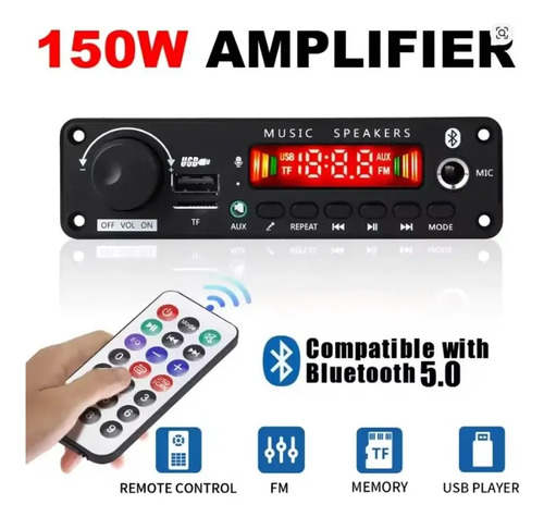 Amplificador 150w Modulo Con Reproductor Mp3 Y Bluetooth Usb Blanco 150 W — imagen 2 de 6