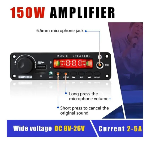 Amplificador 150w Modulo Con Reproductor Mp3 Y Bluetooth Usb Blanco 150 W — imagen 6 de 6