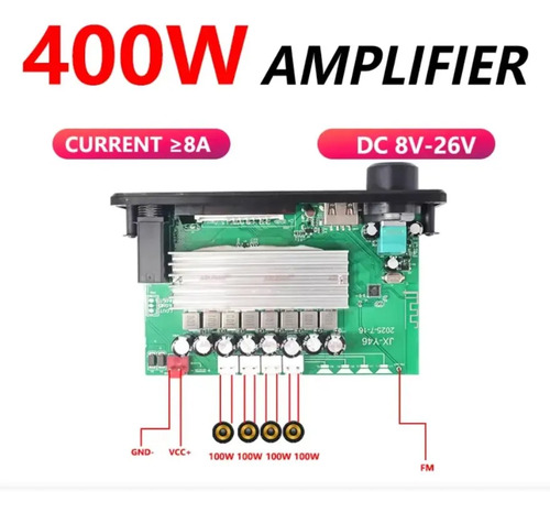 Placa Amplificadora Bluetooth 5.0 400w 4x100w Mp3 Fm Usb Negro 400 W — imagen 5 de 8