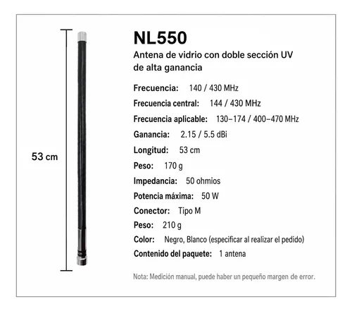 Antena De Fibra De Vidrio Alta Ganancia Auto Vhf Uhf Nl550 Negra — imagen 2 de 4