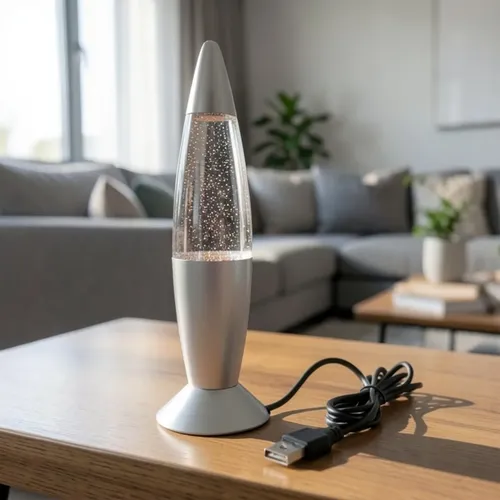 Lampara De Lava Led Con Purpurina Conexión Usb Plata