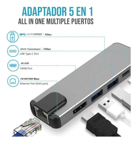 Adaptador Multipuerto Usb C 5 En 1 Hdmi Rj45 Usb 3.0 — imagen 2 de 3