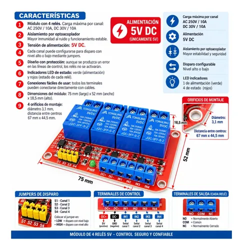 Modulo Relé 4 Canales 5v 10a Para Domótica Y Arduino — imagen 2 de 4