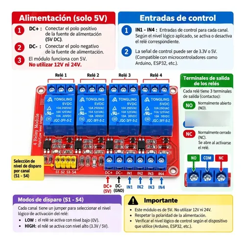 Modulo Relé 4 Canales 5v 10a Para Domótica Y Arduino — imagen 4 de 4